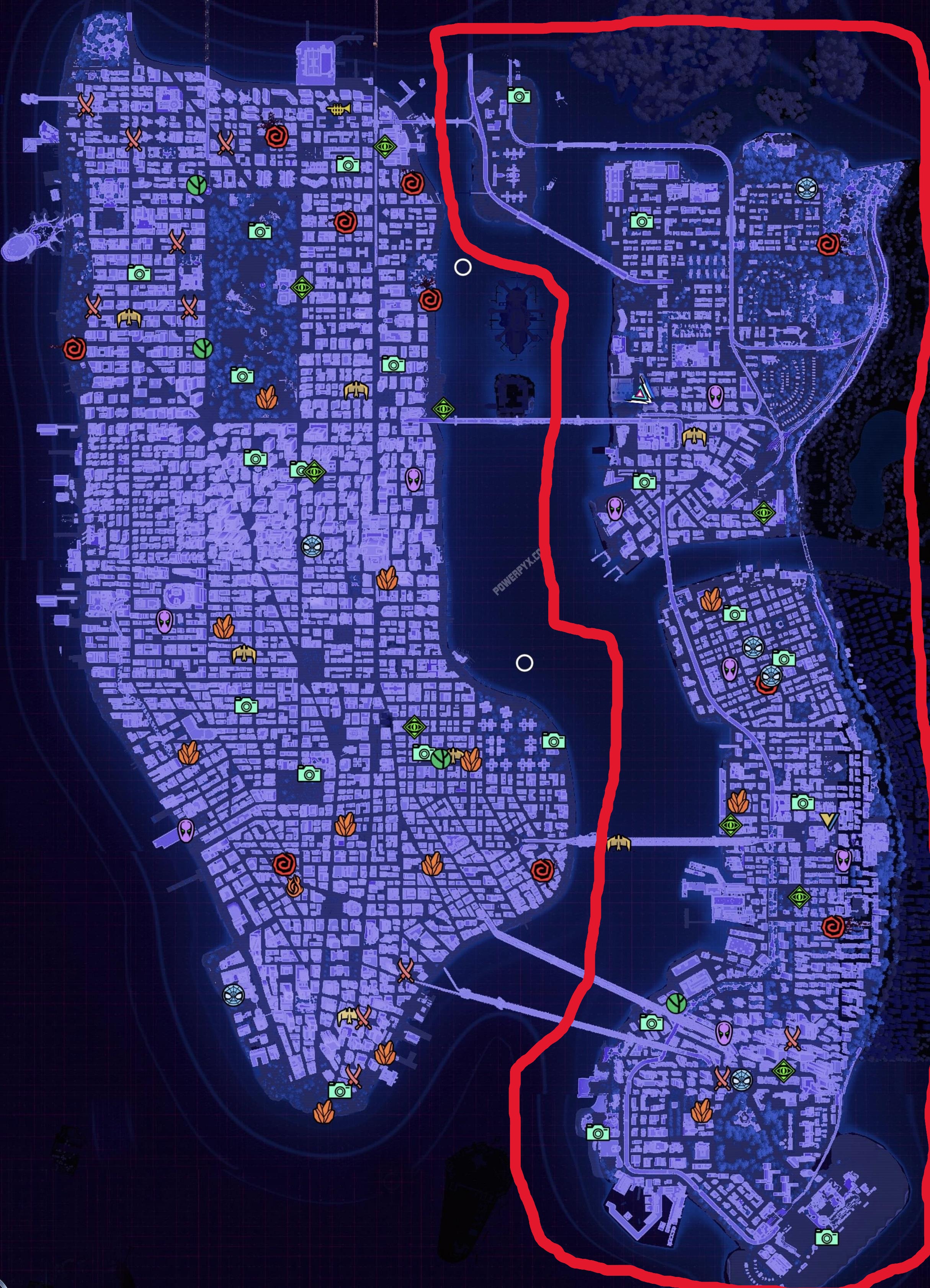 Marvel's Spider-Man 2 map with Brooklyn and Queens outlined in red