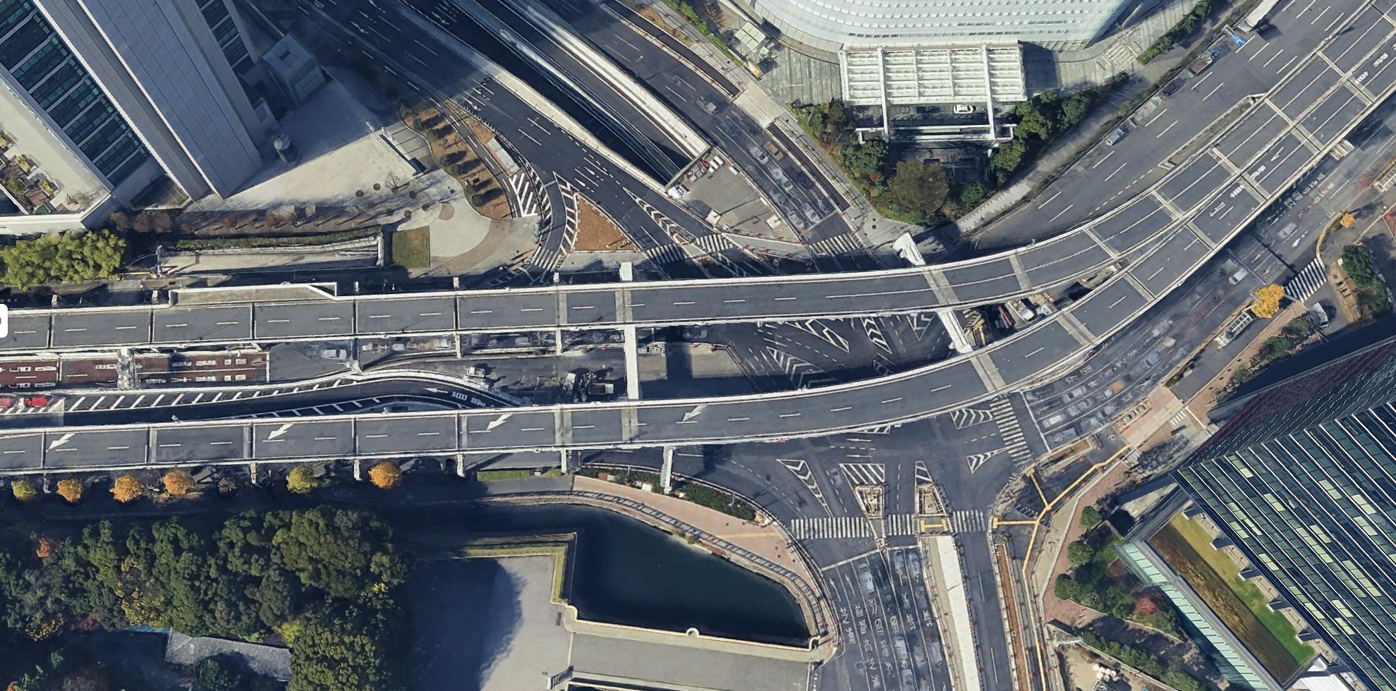 Aerial view of complex layered streets and highways in Tokyo