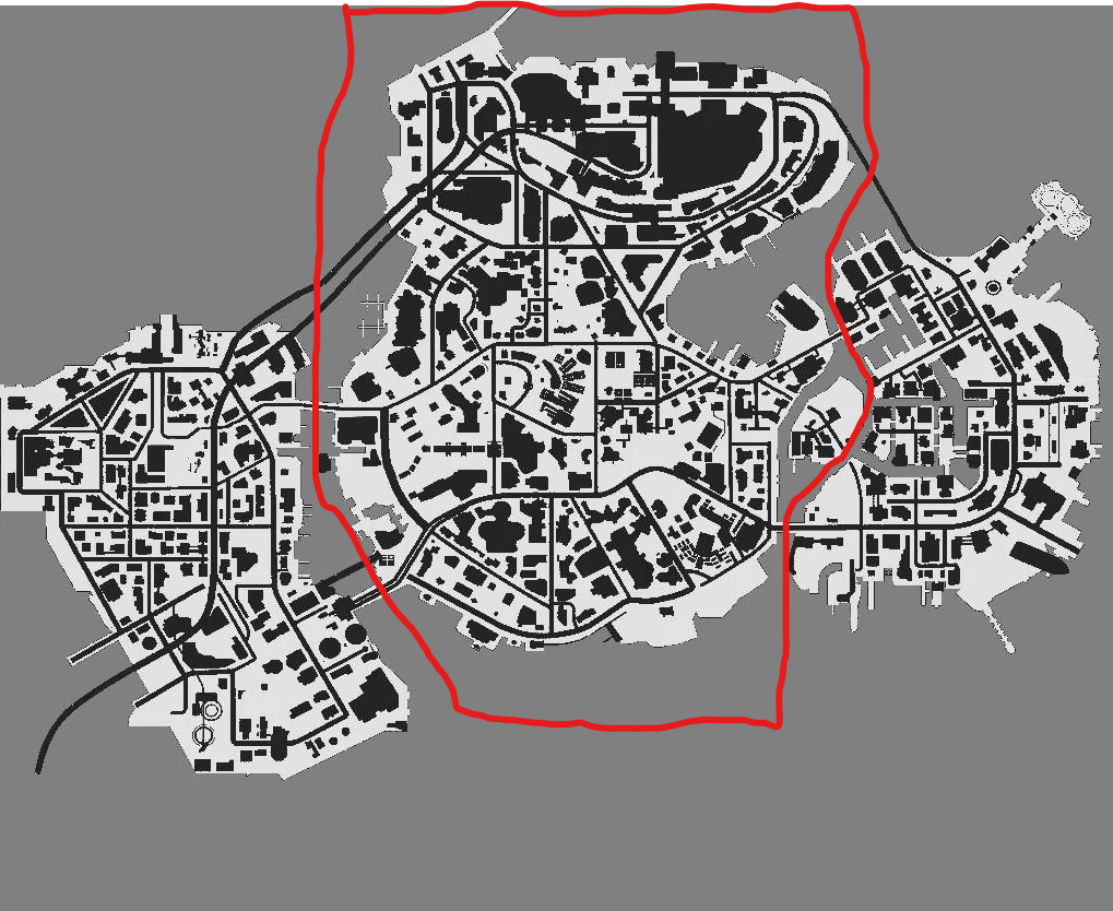 Sunset Overdrive map with Tyler Chiocchio's designed area outlined in red