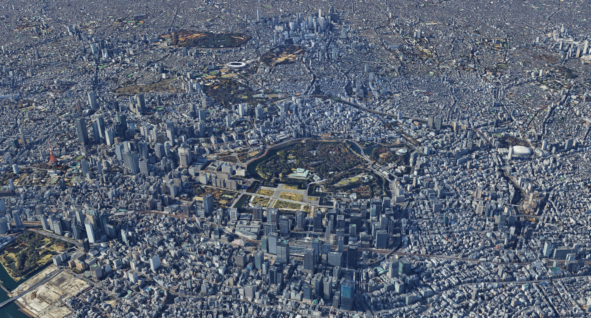 Wide aerial reference view of central Tokyo and its major districts and landmarks